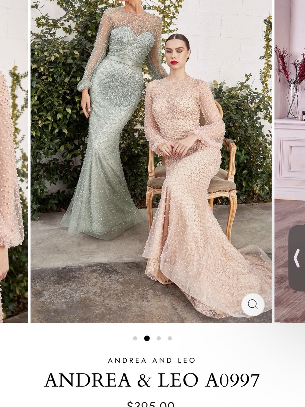 A0997 Long Sleeve Pearl Embellished Gown - Sage Green